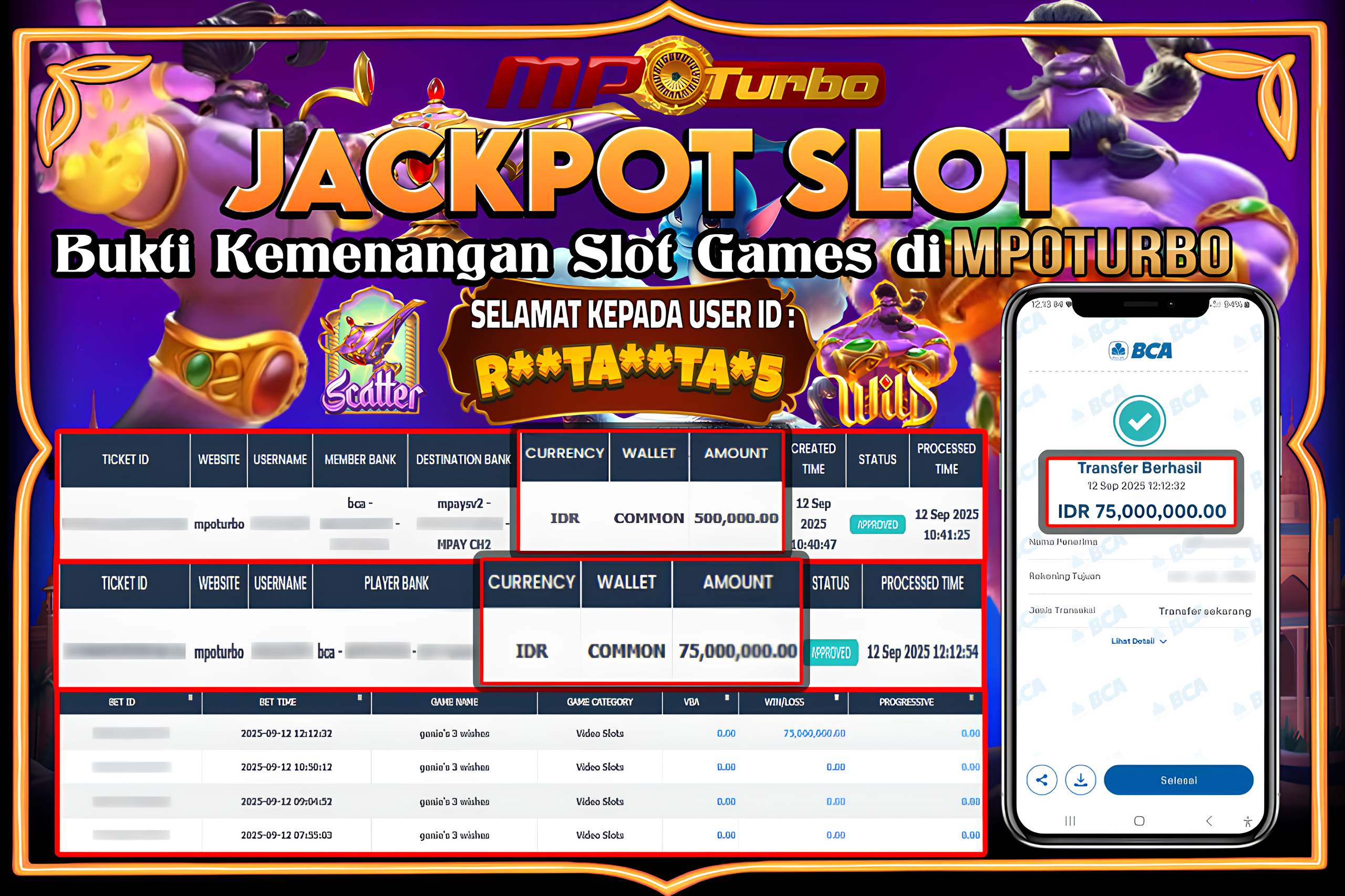 MPOTURBO JACKPOT SLOT GENIE'S 3 WISHES  - PG SOFT Rp 75,000,000.00,- LUNAS